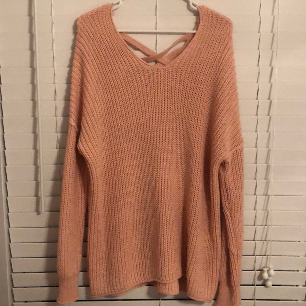 Blush Oversized Knit Sweater with Crisscross Back